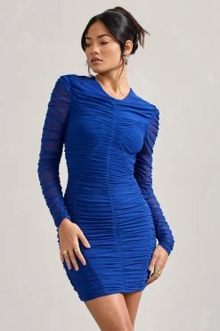 Euphoria | Cobalt Blue Ruched Long Sleeve Mini Dress -Dress Shop WB HR CL127184071 Euphoria CobaltBlueRuchedLongSleeveMiniDress0