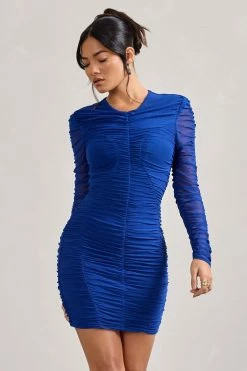 Euphoria | Cobalt Blue Ruched Long Sleeve Mini Dress -Dress Shop WB HR CL127184071 Euphoria CobaltBlueRuchedLongSleeveMiniDress2