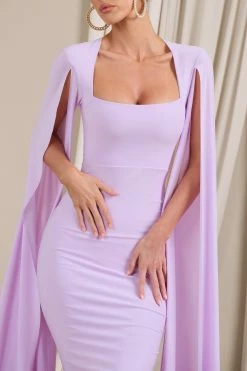 Flawless | Lilac Square Neck Midi Dress With Cape Sleeves -Dress Shop WB HR CL127209033 Flawless LilacSquareNeckMidiDressWithCapeSleeves4