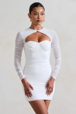 Daiquiri | White Ruched Cut Out Mesh Mini Dress With Long Sleeves -Dress Shop WB HR CL127288005 02312