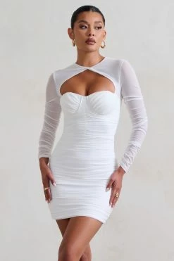 Daiquiri | White Ruched Cut Out Mesh Mini Dress With Long Sleeves -Dress Shop WB HR CL127288005 02317
