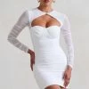 Daiquiri | White Ruched Cut Out Mesh Mini Dress With Long Sleeves -Dress Shop WB HR CL127288005 02323
