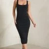 Lisbon | Black Square Neck Ruched Midi Dress -Dress Shop WB HR CL127326 LisbonBlackSquareNeckRuchedMidiDress0