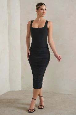 Lisbon | Black Square Neck Ruched Midi Dress 12 Lisbon | Black Square Neck Ruched Midi Dress -Dress Shop WB HR CL127326 LisbonBlackSquareNeckRuchedMidiDress2