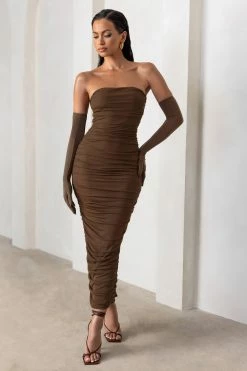 My Lady | Chocolate Brown Strapless Bodycon Ruched Mesh Maxi Dress -Dress Shop WB HR CL127347 MyLadyChocolateBrownStraplessBodyconRuchedMeshMidiDress CL127020 AnastasiaChocolateOperaGloves1