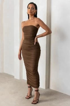 My Lady | Chocolate Brown Strapless Bodycon Ruched Mesh Maxi Dress -Dress Shop WB HR CL127347 MyLadyChocolateBrownStraplessBodyconRuchedMeshMidiDress CL127020 AnastasiaChocolateOperaGloves5