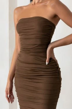 My Lady | Chocolate Brown Strapless Bodycon Ruched Mesh Maxi Dress -Dress Shop WB HR CL127347 MyLadyChocolateBrownStraplessBodyconRuchedMeshMidiDress CL127020 AnastasiaChocolateOperaGloves501