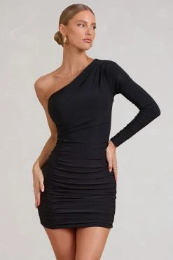 Invite | Black Asymmetric One Shoulder Ruched Detail Mini Dress -Dress Shop WB HR CL127380002 InviteBlackAsymmetricOneShoulderRuchedDetailMiniDress0