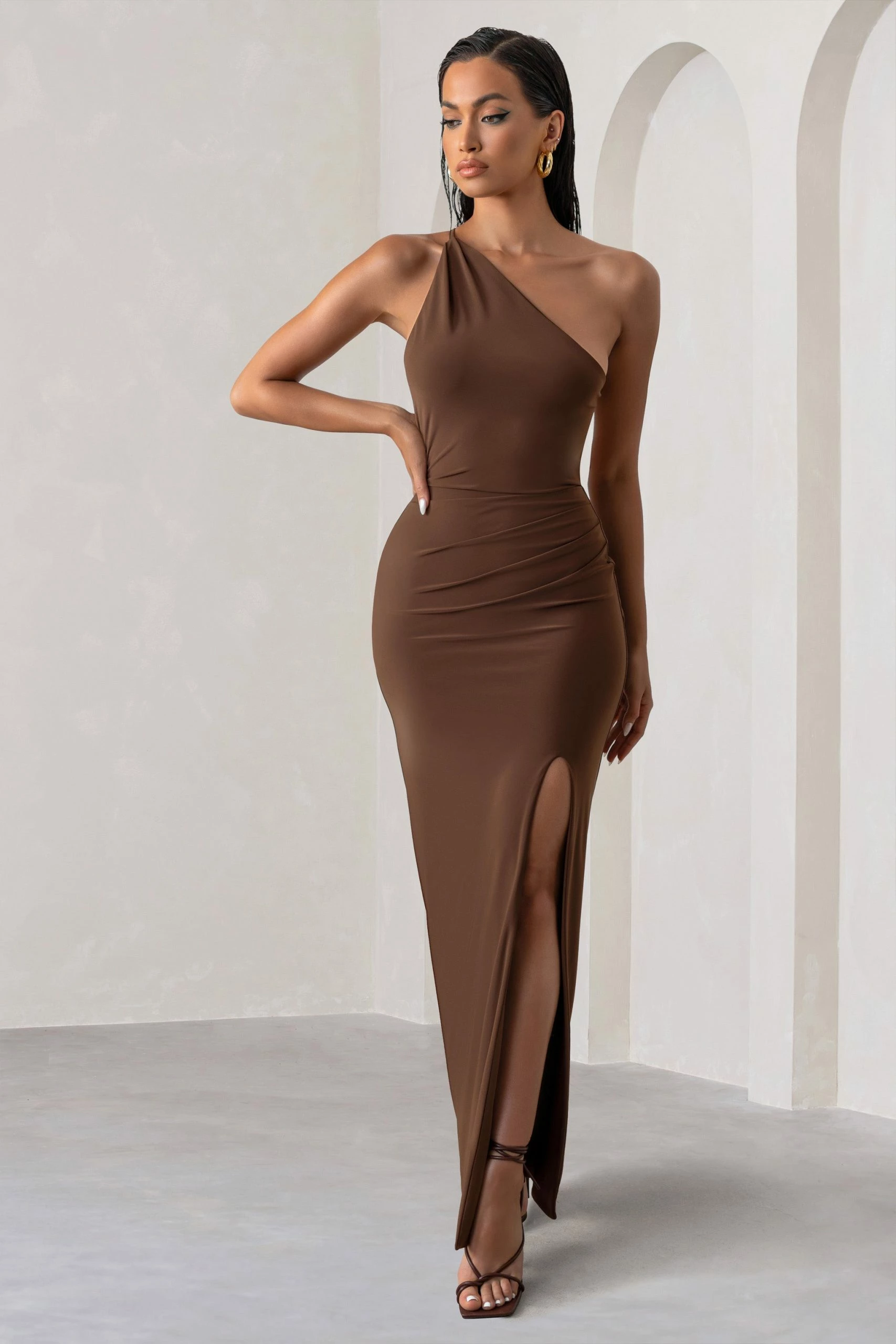 Dressing Up | Chocolate Brown One Shoulder Maxi Dress With Open Back Detail 6 Dressing Up | Chocolate Brown One Shoulder Maxi Dress With Open Back Detail - Image 4