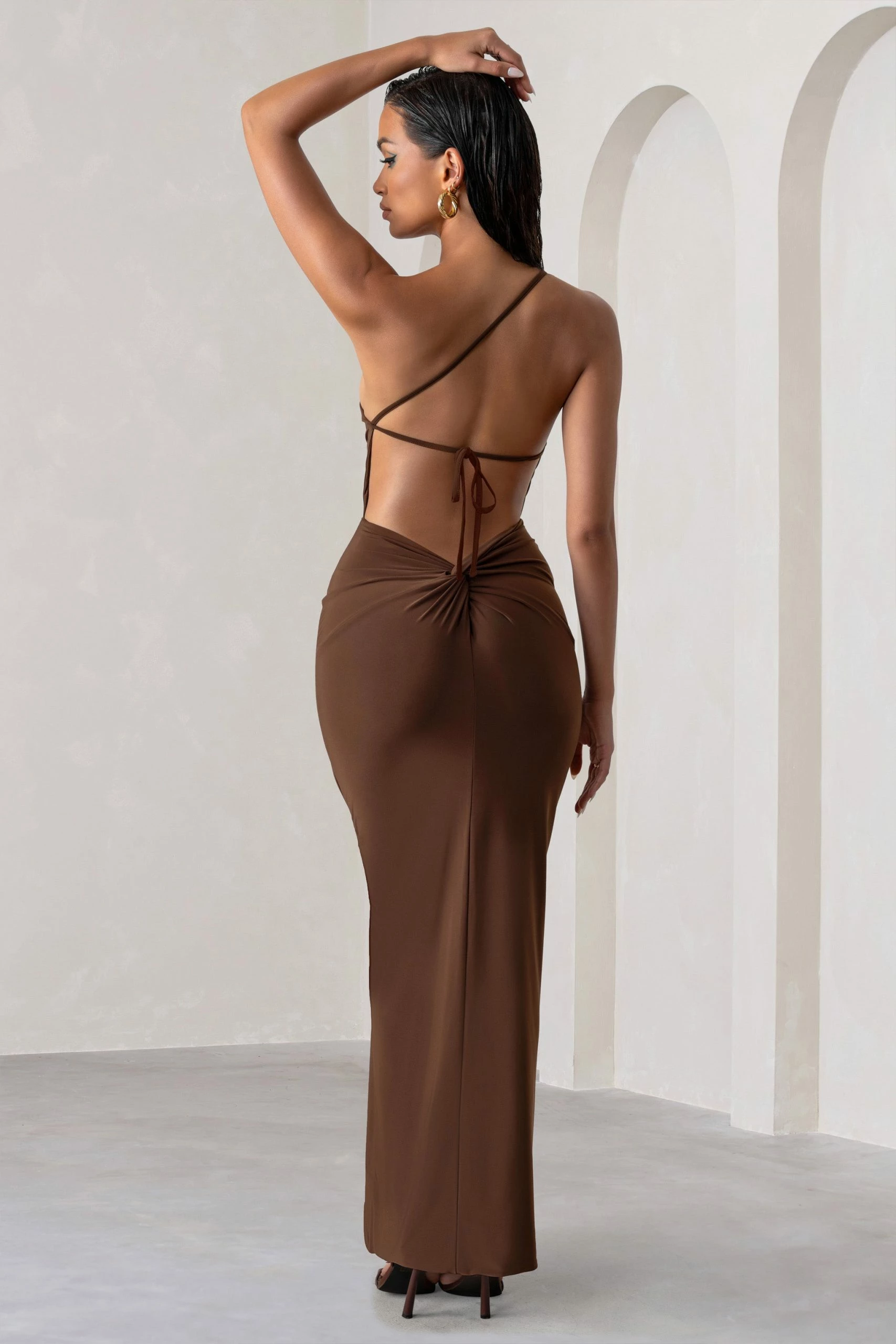 Dressing Up | Chocolate Brown One Shoulder Maxi Dress With Open Back Detail 4 Dressing Up | Chocolate Brown One Shoulder Maxi Dress With Open Back Detail - Image 2