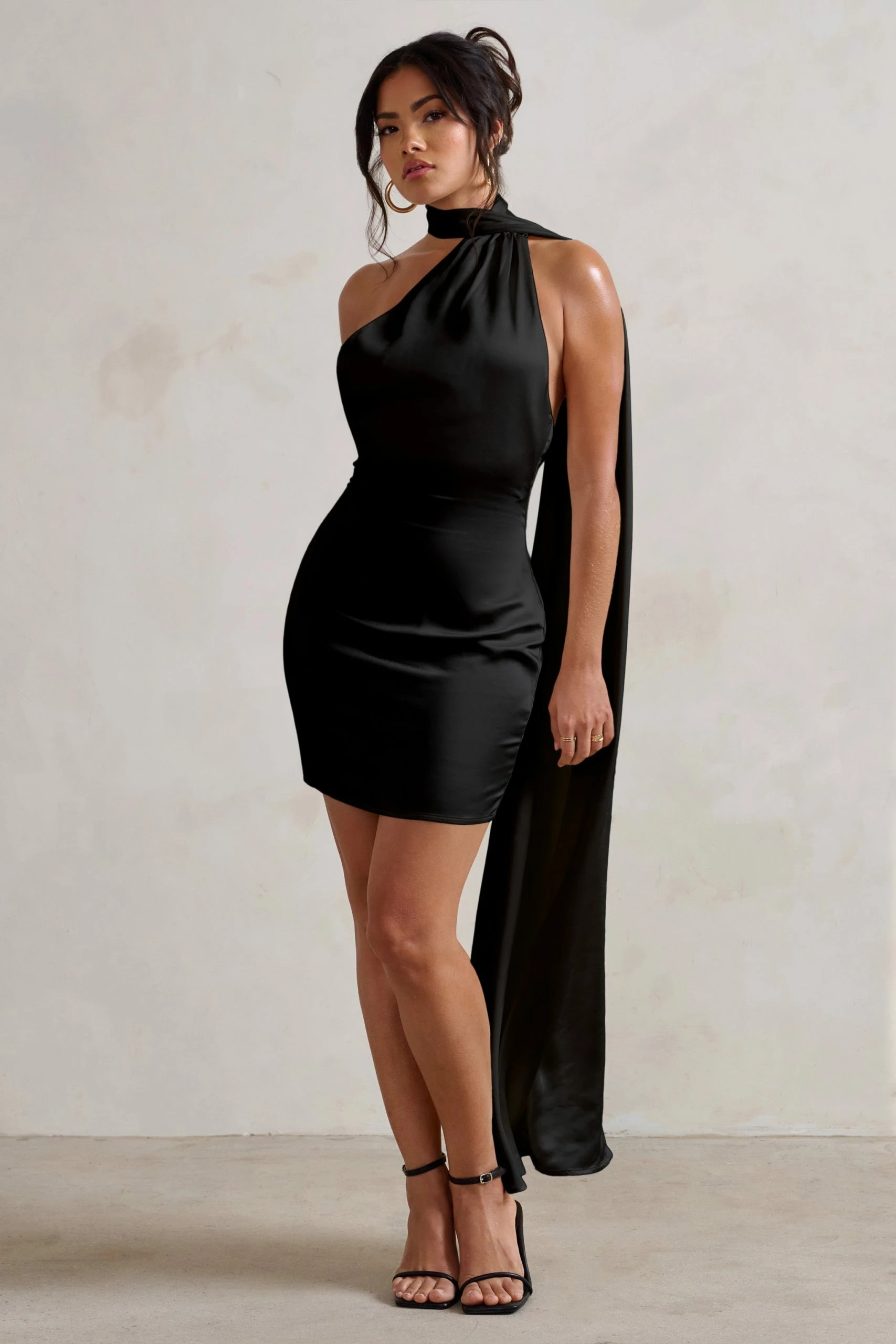 Nasira | Black Satin Asymmetric Scarf Neck Backless Mini Dress 3 Nasira | Black Satin Asymmetric Scarf Neck Backless Mini Dress