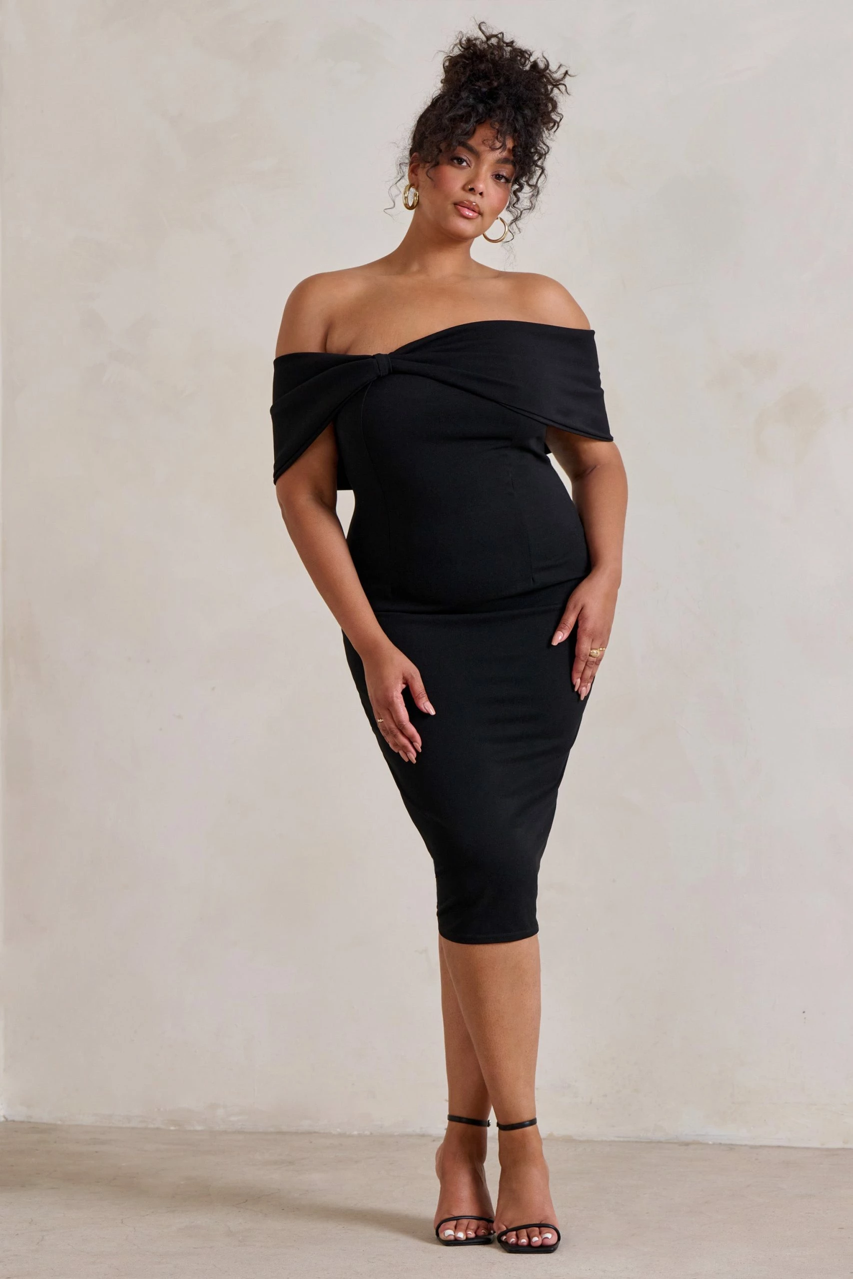 Alyssa | Black Bardot Bow Detail Midi Dress 4 Alyssa | Black Bardot Bow Detail Midi Dress - Image 2