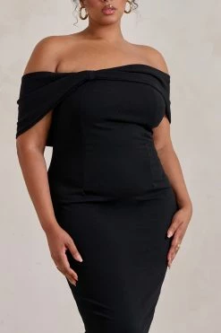 Alyssa | Black Bardot Bow Detail Midi Dress 15 Alyssa | Black Bardot Bow Detail Midi Dress -Dress Shop WB HR CL127772 Alyssa BlackBardotBowDetailMidiDress3