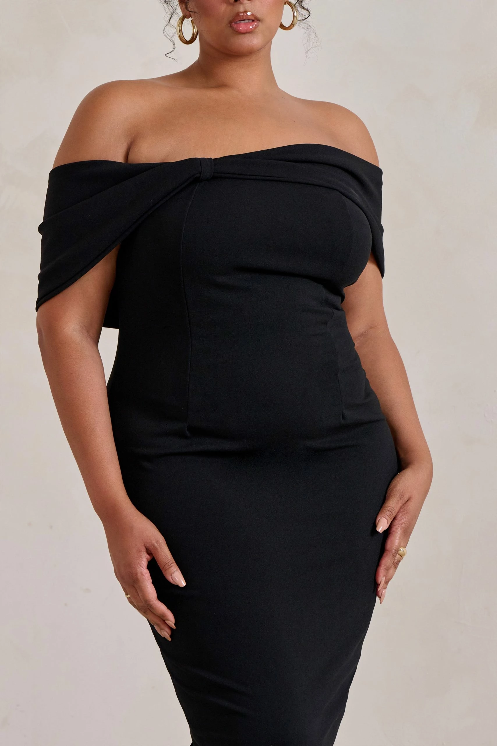 Alyssa | Black Bardot Bow Detail Midi Dress 8 Alyssa | Black Bardot Bow Detail Midi Dress - Image 6