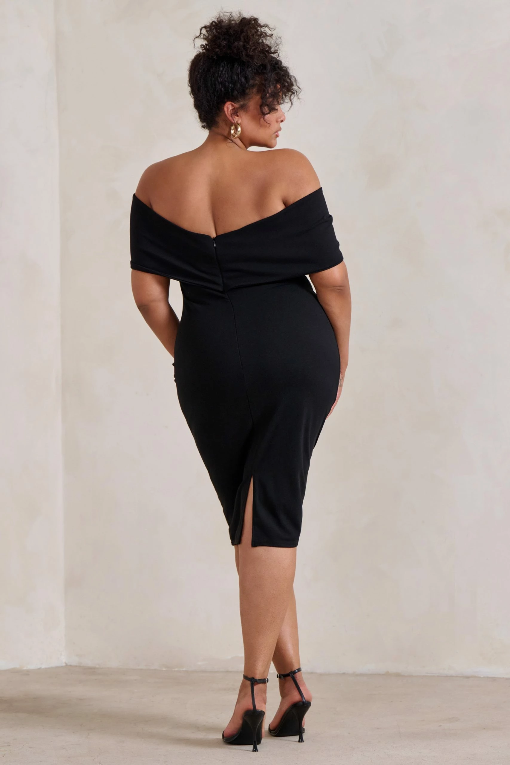 Alyssa | Black Bardot Bow Detail Midi Dress 6 Alyssa | Black Bardot Bow Detail Midi Dress - Image 4