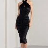 Hourglass | Black Velvet Halterneck Ruched Midi Dress 1 Hourglass | Black Velvet Halterneck Ruched Midi Dress -Dress Shop WB HR CL127909 HourglassBlackVelvetHalterneckRuchedMidiDress2