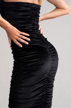 Hourglass | Black Velvet Halterneck Ruched Midi Dress -Dress Shop WB HR CL127909 HourglassBlackVelvetHalterneckRuchedMidiDress7