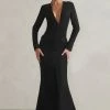 Reba | Black Plunge Long Sleeve Structured Maxi Dress With Front Split 1 Reba | Black Plunge Long Sleeve Structured Maxi Dress With Front Split -Dress Shop WB HR CL128300 RebaBlackPlungeLongSleeveStructuredMaxiDresswithFrontSplit1