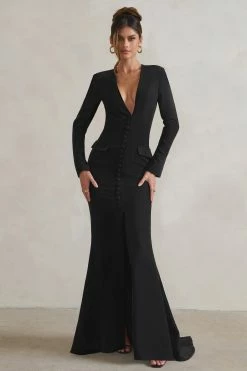 Reba | Black Plunge Long Sleeve Structured Maxi Dress With Front Split