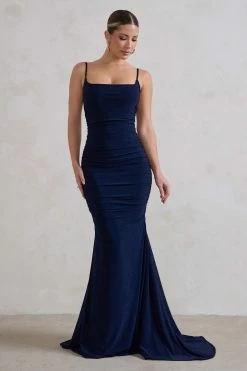 Dress Shop 30 Adele | Navy Backless Ruched Fishtail Cami Maxi Dress