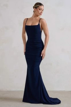 Adele | Navy Backless Ruched Fishtail Cami Maxi Dress -Dress Shop WB HR CL128390 AdeleNavyRuchedFishtailCamiMaxiDress2 a1dc808b 52d5 4715 9c7a f85dbe30bb14