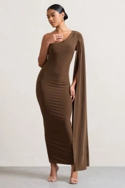 Dominique | Chocolate Brown One Shoulder Cape Sleeve Bodycon Maxi Dress -Dress Shop WB HR CL128400067 Dominique ChocolateOneShoulderCapeSleeveBodyconMaxiDress1