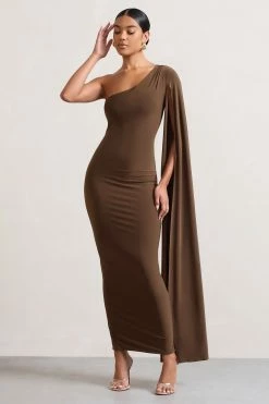 Dominique | Chocolate Brown One Shoulder Cape Sleeve Bodycon Maxi Dress -Dress Shop WB HR CL128400067 Dominique ChocolateOneShoulderCapeSleeveBodyconMaxiDress2