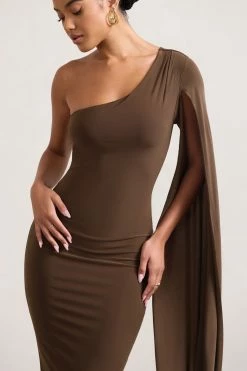 Dominique | Chocolate Brown One Shoulder Cape Sleeve Bodycon Maxi Dress -Dress Shop WB HR CL128400067 Dominique ChocolateOneShoulderCapeSleeveBodyconMaxiDress5