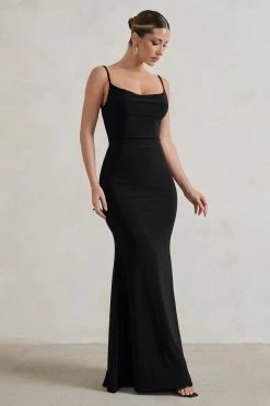 Francoise | Black Cowl Neck Backless Maxi Dress With Lace Insert -Dress Shop WB HR CL128401 FrancoiseBlackCowlNeckBacklessMaxiDressWithLaceInsert1 1aed66b9 a7b0 47f3 a227 d2b7a509bc62