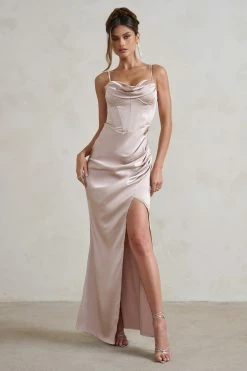 Starlight | Champagne Cowl Corset Satin Wrap Maxi Dress -Dress Shop WB HR CL128403 StarlightChampagneCowlCorsetSatinWrapMaxiDress2