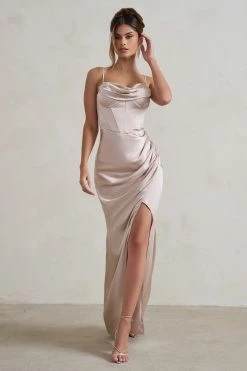 Starlight | Champagne Cowl Corset Satin Wrap Maxi Dress -Dress Shop WB HR CL128403 StarlightChampagneCowlCorsetSatinWrapMaxiDress3