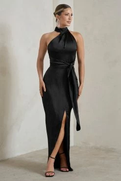 Tattianna | Black Asymmetric Tie Detail High Neck Satin Maxi Dress