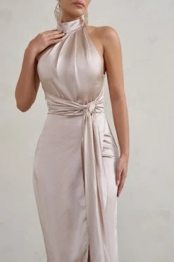 Tattianna | Champagne Asymmetric Tie Detail High Neck Satin Maxi Dress -Dress Shop WB HR CL128412 TattiannaChampagneAsymmetricTieDetailHighNeckSatinMaxiDress4