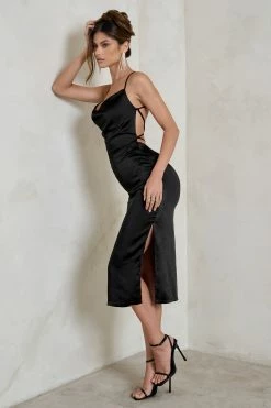 Aja | Black Cowl Cami Midi Dress With Waist Tie -Dress Shop WB HR CL128415 AjaBlackCowlCamiMidiDressWithWaistTie3