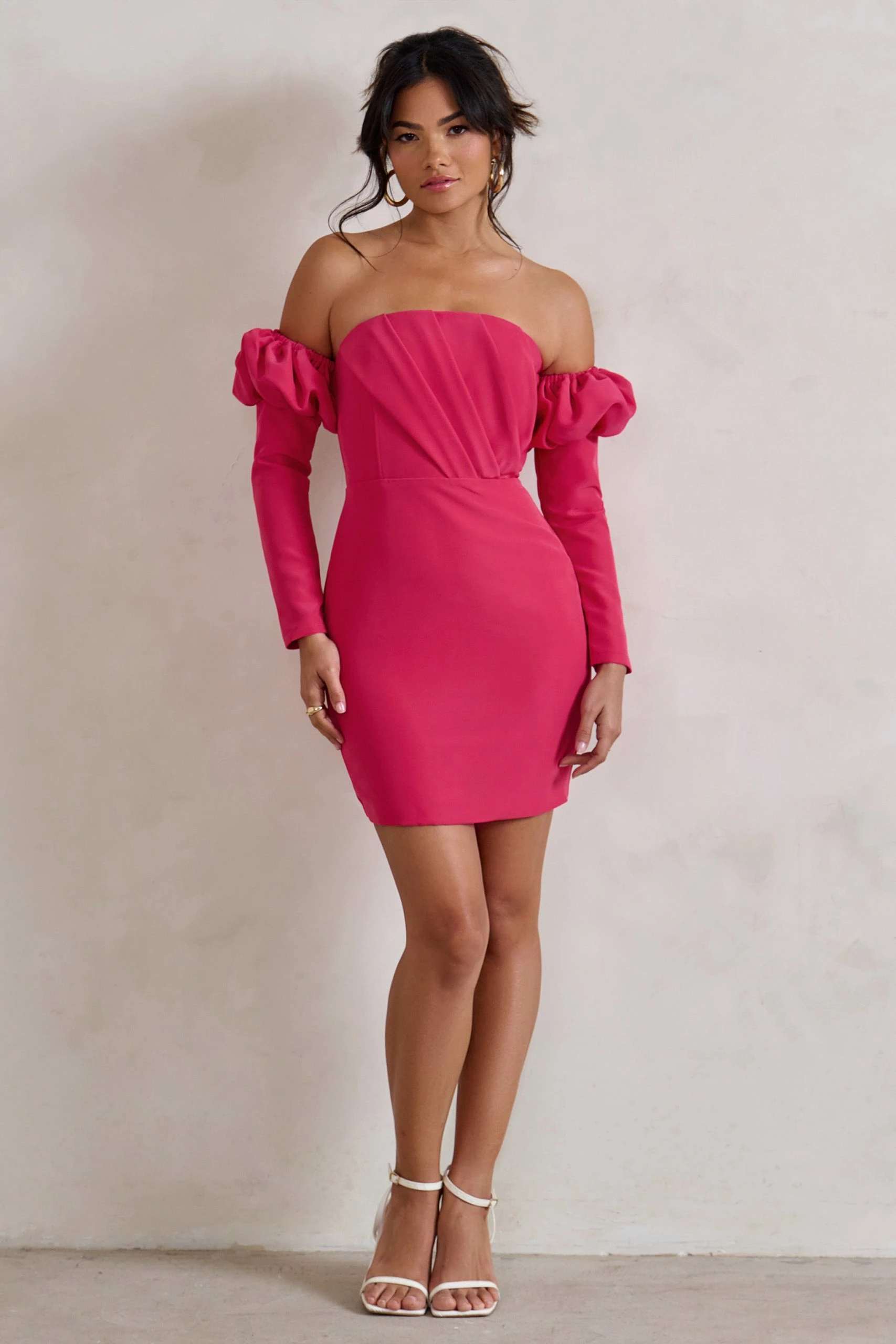 Laurie | Hot Pink Bardot Puff Long Sleeve Mini Dress 8 Laurie | Hot Pink Bardot Puff Long Sleeve Mini Dress - Image 6