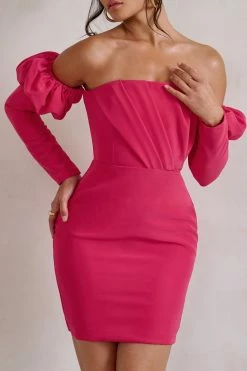 Laurie | Hot Pink Bardot Puff Long Sleeve Mini Dress 10 Laurie | Hot Pink Bardot Puff Long Sleeve Mini Dress -Dress Shop WB HR CL128423 LaurieHotPinkBardotPuffLongSleeveMiniDress4