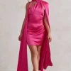 Laurelie | Hot Pink Satin Statement Cape Design Mini Dress -Dress Shop WB HR CL128424 LaurelieHotPinkSatinStatementCapeDesignMiniDress0