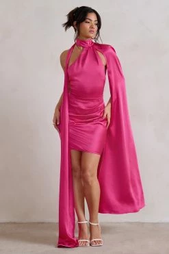 Laurelie | Hot Pink Satin Statement Cape Design Mini Dress -Dress Shop WB HR CL128424 LaurelieHotPinkSatinStatementCapeDesignMiniDress1