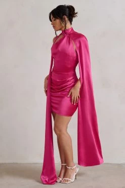 Laurelie | Hot Pink Satin Statement Cape Design Mini Dress -Dress Shop WB HR CL128424 LaurelieHotPinkSatinStatementCapeDesignMiniDress3