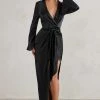 Patricia | Black Extreme Plunge Long Sleeve Maxi Dress With Tie Detail 1 Patricia | Black Extreme Plunge Long Sleeve Maxi Dress With Tie Detail -Dress Shop WB HR CL128428 PatriciaBlackExtremePlungeLongSleeveMaxiDressWithTieDetail2