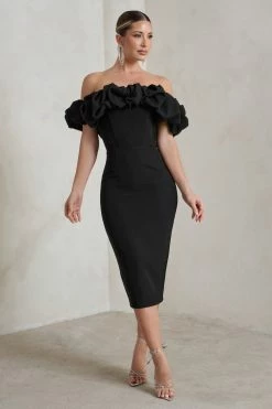 Estie | Black Structured Statement Bardot Midi Dress