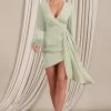 Mae | Mint Wrap Mini Dress With Drape And Feather Cuffs -Dress Shop WB HR CL128456003 MaeMintWrapMiniDressWithDrapeAndFeatherCuffs3