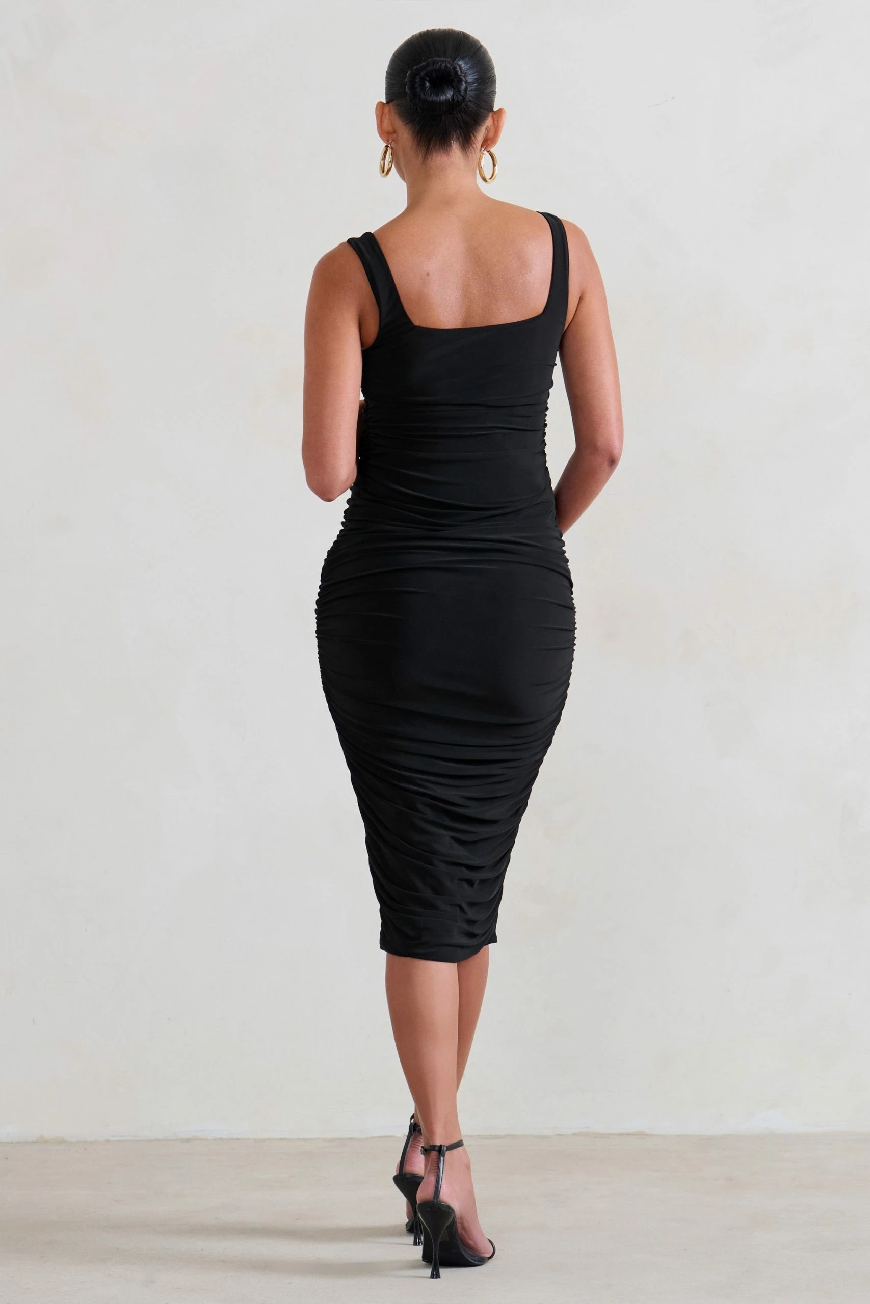 Lisbon | Black Maternity Square Neck Ruched Midi Dress 4 Lisbon | Black Maternity Square Neck Ruched Midi Dress - Image 2