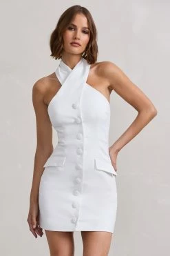 Dani | White Halter Neck Tailored Buttoned Bodycon Mini Dress -Dress Shop WB HR CL128487005 DaniWhiteHalterNeckTailoredButtonedBodyconMiniDress5