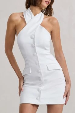 Dani | White Halter Neck Tailored Buttoned Bodycon Mini Dress -Dress Shop WB HR CL128487005 DaniWhiteHalterNeckTailoredButtonedBodyconMiniDress6 32b69157 b6c0 41da 924e 5d7ada041800