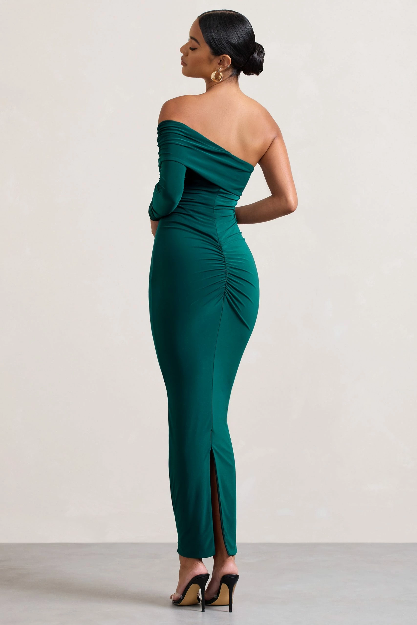 Afterparty | Bottle Green Ruched Asymmetric Bodycon Maxi Dress 4 Afterparty | Bottle Green Ruched Asymmetric Bodycon Maxi Dress - Image 2