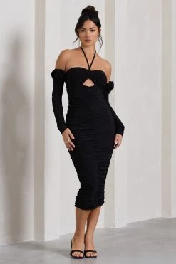 Extra Special | Black Ruched Halter-Neck Midi Dress With Flowers -Dress Shop WB HR CL128945002 ExtraSpecialBlackRuchedHalter NeckMidiDressWithFlowers3