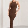 Kirsten | Chocolate Sleeveless Halter-Neck Open-Back Knot Maxi Dress -Dress Shop WB HR CL128993067 KirstenChocolateSleevelessHalter NeckOpen BackKnotMaxiDress0