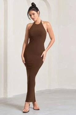 Kirsten | Chocolate Sleeveless Halter-Neck Open-Back Knot Maxi Dress