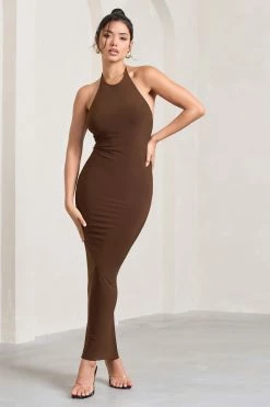 Kirsten | Chocolate Sleeveless Halter-Neck Open-Back Knot Maxi Dress -Dress Shop WB HR CL128993067 KirstenChocolateSleevelessHalter NeckOpen BackKnotMaxiDress2